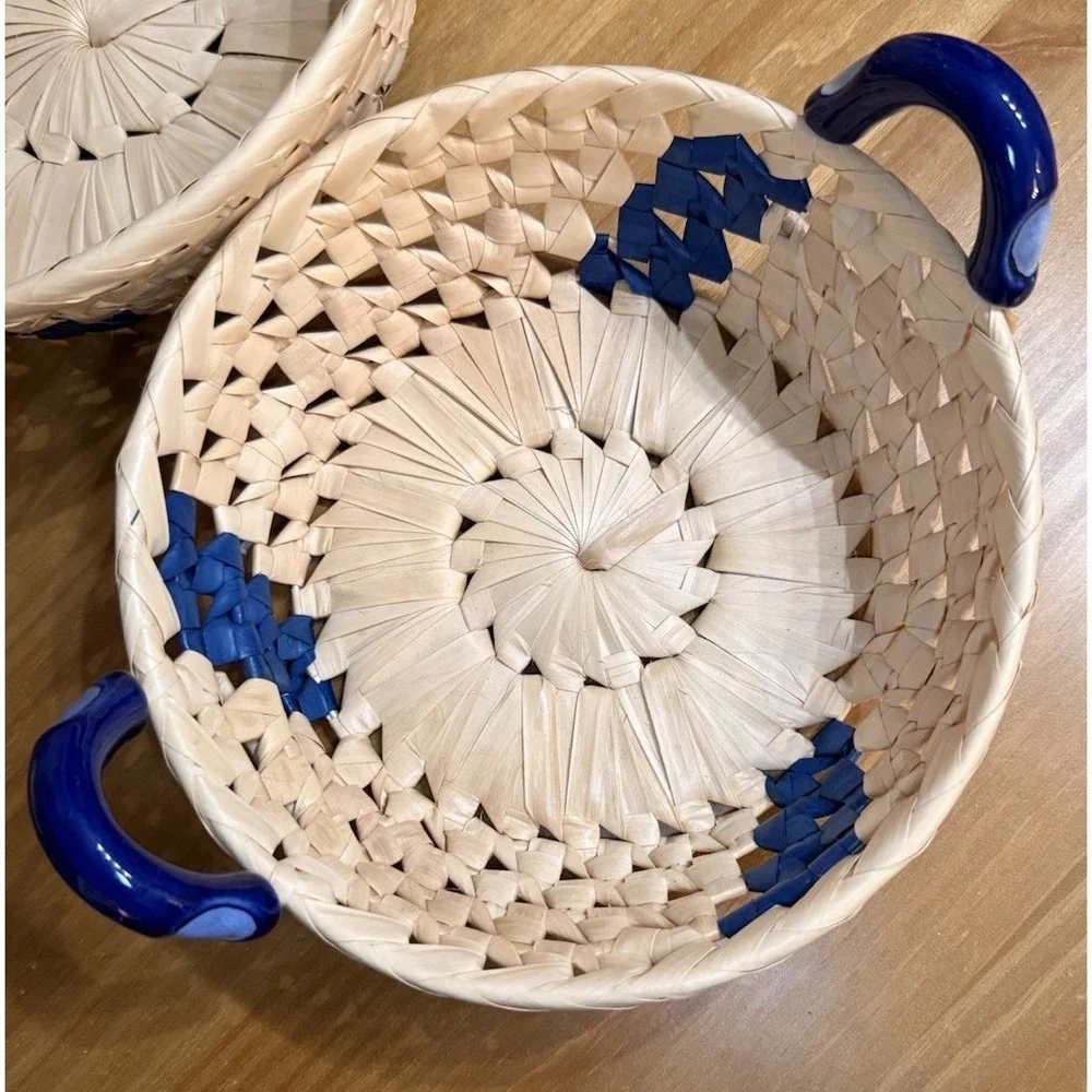 Vintage Wicker Bread Baskets Set of 2 Blue Ceramic Handles